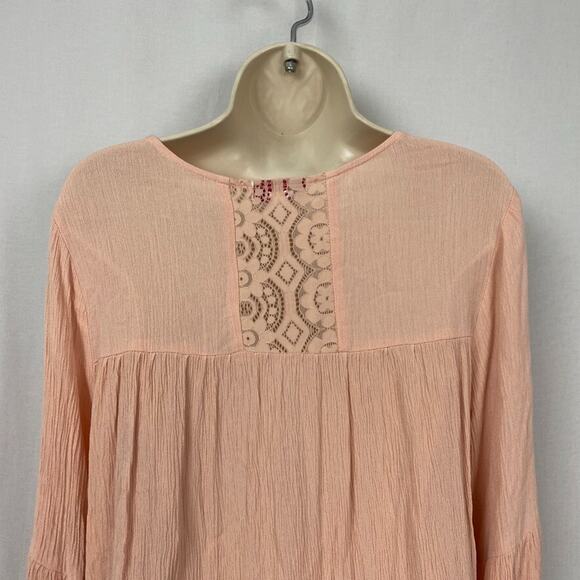 Bongo Top Womens Large Dusty Pink Babydoll Sheer Lace Gauzy Bell Sleeve Boho - Picture 7 of 14